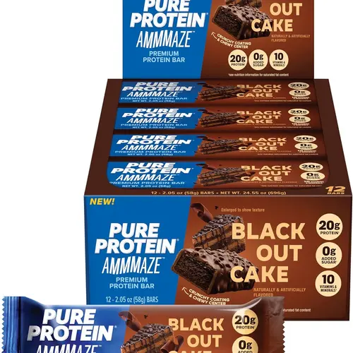 Pure Protein AMMMAZE Blackout Cake Protein Bars, 12 Count – 20g Protein, 3g Fiber, No Added Sugar – Chocolate Meal Replacement - On the Go Snacks