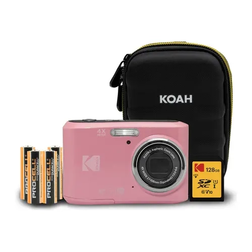 Kodak PixPro FZ45 Compact Portable Mini Pocket Camera - 16MP, Adjustable Lens, Button-Operated, Pink, AA Battery, 128GB SD Card, Shoulder Strap, Belt Loop, Protective Case, Automatic, 2.7" Bright Screen