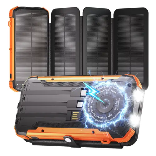 20000mAh Solar Powered Power Bank Charger - 4 Foldable Solar Panels, Built-in Wireless Charging & 3 Cables, PD 15W Fast Charging, 6 Ports (Incl. USB-A), Dual Flashlights Brighten Dark Paths, Carabiner, Waterproof EDC Gear, for All Mobile Devices, Sohochic