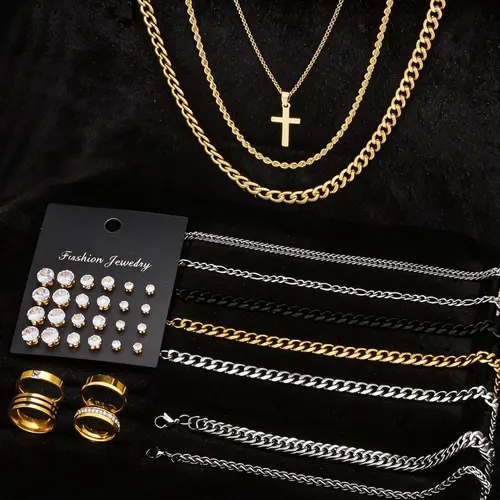38-Piece Stainless Steel Fashion Jewelry Set, Couples Jewelry Set, Zircon Earrings, Cross Necklace & Bracelet, Men's & Couple Accessories for Daily Wear and Gift