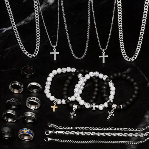 Men's Stainless Steel Fashion Jewelry Set, Casual Punk Cross Pendant Necklace Chain Bracelet Ring Set, Geometric Pattern, All Seasons Gift
