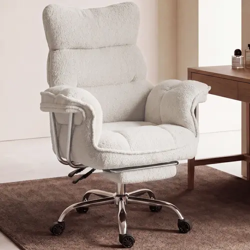 【Black Friday】Dowinx Criss Cross Office Chair with Footrest, Big and Tall Teddy Fleece Gaming Chair, Ergonomic Sherpa Reclining Desk Chair with Wide Seat & Armrests for Home Office