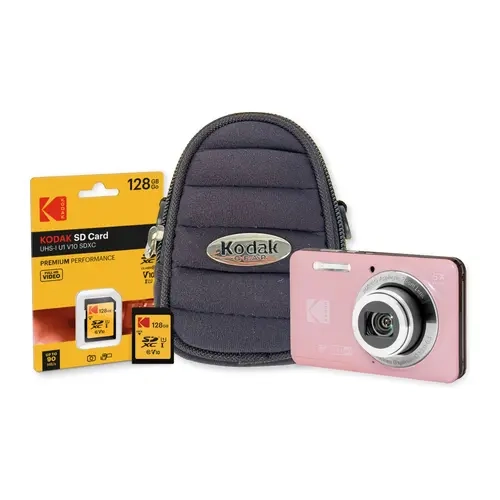 Kodak PixPro FZ55 Blush Pink Handy Pocket Camera Bundle - Rechargeable, 128GB Micro SD Card, Protective Case (3 Items for Capturing Pictures)
