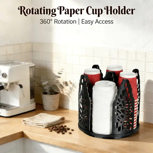 4-Tier Rotating Hollow Plastic Cup Holder with Compartments, Detachable Lid Organizer, 9.4x9.4x9.1 Inches, 20 Cups per Tier, 16oz Capacity, Reinforced ABS Resists Daily Bumps, Kitchen Accessory for Countertops, Coffee Stations