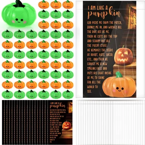 Halloween Christian Pumpkin Gift Set Mini Luminous Pumpkin Figure with Positive I Am Like a Pumpkin Card for Sunday School Church Trunk or Treats Halloween Idea for Christian No Candy Trick or Treat Hand Out Halloween Treat Bags Halloween Party Favors