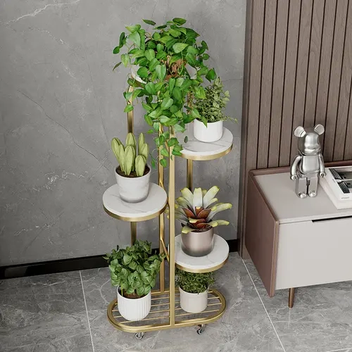 Modern-Style Mobile Plant Stand with Wheels — Gold Metal Indoor Flower Rack,indoor rack  Multi-Tier Display Shelf for Living Room/Office (Space-Saving Design) Potted Plant Stand Plant Tower Adjustable Plant Stand Plant Caddy With Wheels