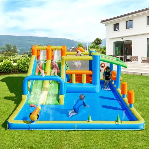 Yaheetech 10-in-1 Inflatable Water Slide for Kids Aged 3-8, Sports Outdoor Play Toy with Double Slides, Large Climbing Wall, Small Deeper Pool, Awning, Water Cannon, 750W UL-Certified Blower & Storage Bag