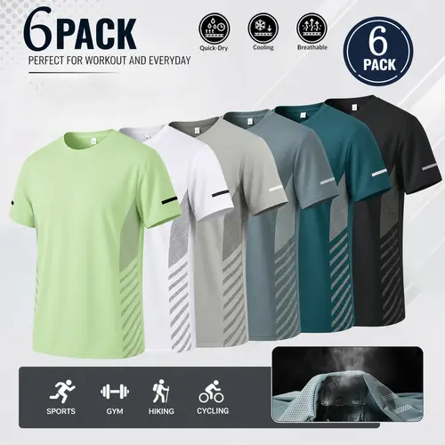GYM VIBE Men's 6-color quick drying sports T-shirt, breathable exercise running T-shirt, cooling sports shirt, sportswear top, side printed sports hiking bike, summer performance shirt, bulk multi pack short sleeved underwear set
