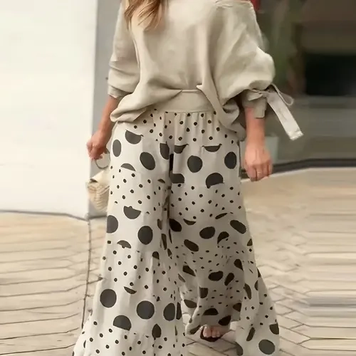 Women's Two-Piece Set, Asymmetric Off-Shoulder Tie Cuff Loose Long Sleeve Top, Polka Dot Print Wide Leg Long Pants, Daily Casual Vacation Commute Wear, Breathable Lightweight Wrinkle-Resistant, Casual European Style Clothes