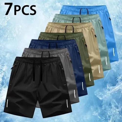 Men's 7-Piece Preppy Plain Woven Activewear Shorts - Quick Dry, Breathable Ice-Feel Lightweight Fabric, Zipper Pockets, Regular Leg, Reflective Print - Easy to Style for Fitness, Party