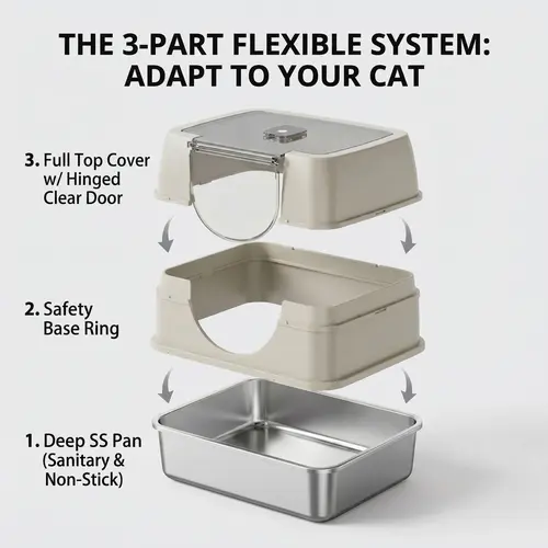 Premium Stainless Steel Litter Box Enclosure, Suitable for Small & Medium Cats(19.69in x 13.78in x 13.78in) - Modular, Antibacterial, Non-Stick, Flip-Top Lid, Odor Control, Minimalist Beige/Gary Outdoor Unit with Hygienic Build, Minimalist Design