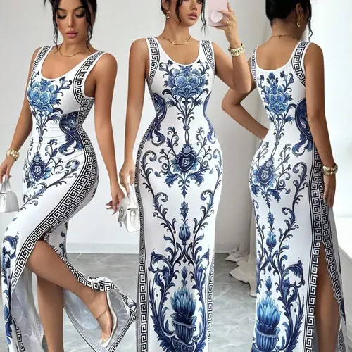 【Black Friday】Elegant Printed Vintage Split-Hem Luxurious Chic Maxi Dress, New Arrival Printed Dress