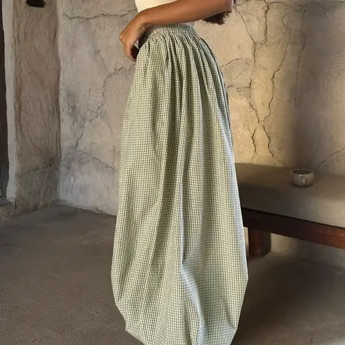 Women's Green Gingham High Waisted Wide Leg Balloon Pants, Drawstring Elastic Waist Pants, Casual Loose-Fit Vintage Bohemian Checkered Trousers for Summer, Everyday Wear