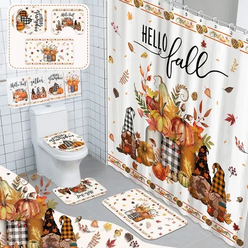 8 Pcs Fall Bathroom Decor Set Harvest Autumn Hello Fall Pumpkin Gnome Shower Curtain Microfiber hand Towels Non Slip Rugs Toilet Lid Cover Pumpkin Bath Mat and 12 Hooks for Thanksgiving Farmhouse Fall Bathroom Decor