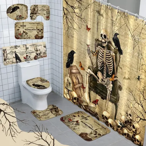 4/6/8 Pcs Vintage Halloween Bathroom Decor Retro Gothic Bathroom Makeover Waterproof Shower Curtain with Hooks & Non Slip Rugs & Toilet Lid Cover Skeleton Pumpkin Witch Ghost Home Decor Spooky Season Halloween Decorations Halloween Party Halloween Finds