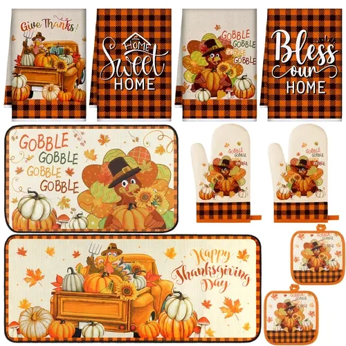 10 Pcs Fall Kitchen Decor Set Include 4 Towels & 2 Pot Holders & 2 Oven Mitts & 2 Rugs Turkey Pumpkin Autumn Kitchen Set Thanksgiving Decor for Baking Cooking Gift Bakeware Autumn Harvest Thanksgiving Party Favors Supplies Farmhouse Blue Kitchen Decor