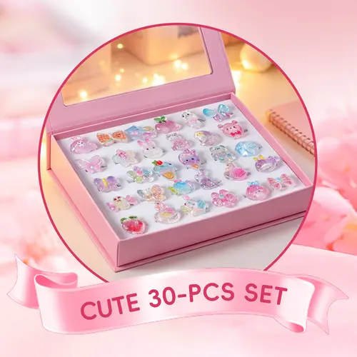 Kids' Nickel-Free Alloy Cartoon Glow-in-the-Dark Epoxy Resin Adjustable Rings (30PCS) - Safe, Colorful, Girly, Birthday Party-Bag Fillers, Costume Jewelry Gift for 3-14 Years