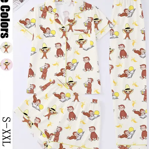 3-Piece Cartoon Monkey Women's Sleepwear Pajama Set, Short Sleeve Button-Up Top, Elastic Shorts and Pants, Comfortable Home Wear, Loungewear Pjs Set
