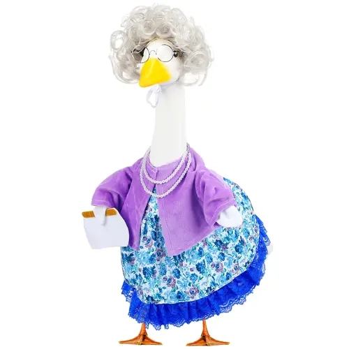 Mama Porch Goose Outfits for 23" Plastic/Cement Goose Statue, Grandma Old Lady Porch Goose Clothes with Eyeglasses Pearl Necklace and Silver Wig for Family Gift Outdoor Patio Yard Lawn Decoration