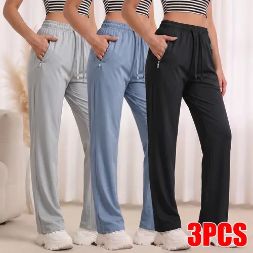 Women's Pants Multi Pack - 3-Piece Set - Blue + Red + Black, Normal Type Adjustable Straight Leg Pants with Elastic Waist Drawstring, Zipper Pockets for Casual & Travel