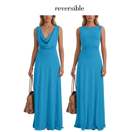 OYS Women's Summer Elegant 2 Ways Wear Dress Cowl Neck & Crew Neck Reversible Sleeveless Ruched Waist Flowy A-Line Cocktail Party Long Dresses