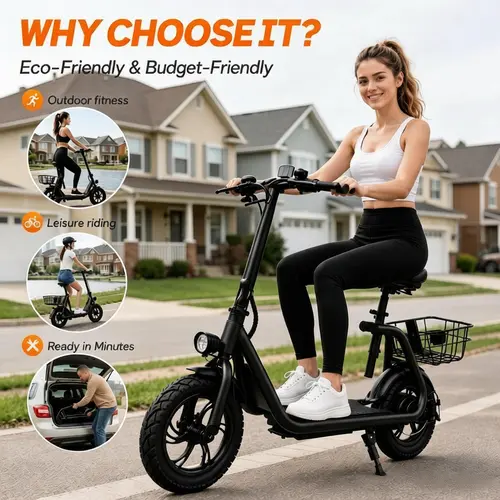 【Live Only】Cyber Wheels CW08 Folding Commuter Scooter - Seated Lithium Battery Portable Scooter for Commuting, 20 mi Range, Adjustable Seat, Foldable Frame, Rear Storage Basket, 12" Bump Cushion, LED Lights, Ideal for 12+ Users, Summer Gift