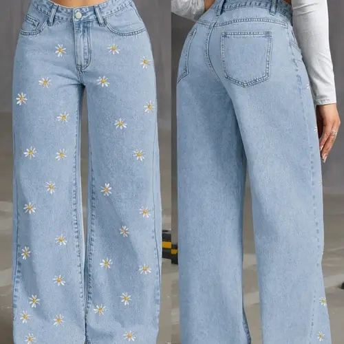 Light Blue Embroidered High-Waisted Straight Leg Denim Woven Jeans for Women, Pocket, Embroidery, 2026 New Season, Loose Fit, Casual Everyday Fashion Style, Long Pants, Bottom