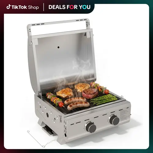 R.W.FLAME 16,000 BTUs Tabletop Propane Grill - 2-Burner Portable Stainless Steel Unit with Foldable Legs, Handles, Compact Design, Travel Lock Secure, Adjustable Heat, 251 Sq.in Extra-Large Cooking Area, 20" Size, Wipes Clean Fast for Backyard, Camping