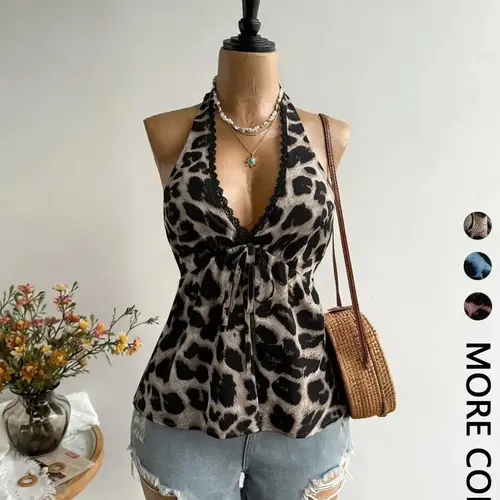 1 Piece Women's Halter Top, Leopard Print Trim V Neck Tie Front Sleeveless Babydoll Camisole Cami Top, Flowy Peplum Casual Blouse, Figure Flattering for Daily Wear Vacation Brunch Going Out Streetwear