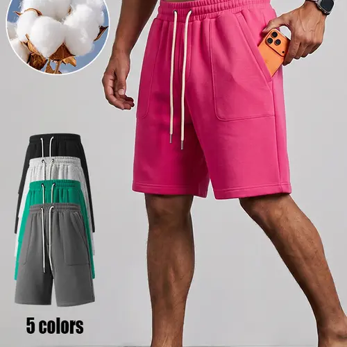 Men's Baggy Drawstring Loose-Fit Solid Cotton Blend Athletic Shorts - Breathable, Lightweight, Soft, Quick-Dry Activewear with Large Deep Side Pockets for Jogging, Training - 5 Solid Color Options
