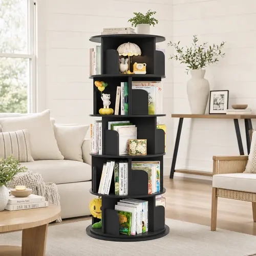 Homieasy 5 Tiers Rotating Bookshelf, 360 Display Wood Spinning Bookshelf Tower, Floor Standing Bookcase Storage Rack, Revolving Bookcase Corner Bookshelf for Small Space, Bedroom, Study Room