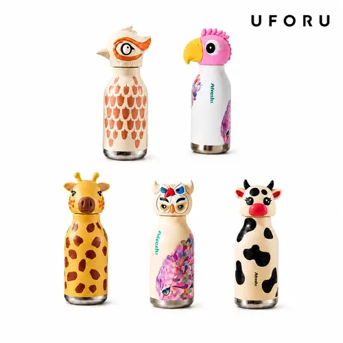 UFORU Cartoon Animal Design 316 Stainless Steel Insulated Tumbler Water Bottle - Portable Leakproof Vacuum Flask with Silicone Straw, Lid, for Back to School, Daycare, Animals-Themed Drinkware for Kids