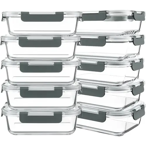 10-Pack 30 oz Glass Meal Prep Container Set, Airtight Kitchen Food Storage Bento Boxes with Gray Lids, Microwave-oven-freezer-and Dishwasher-safe