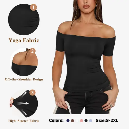 Fisoew Sports Women's Off-The-Shoulder Y2K Yoga Short-Sleeve T-Shirt - 2026 Spring Summer, High Elasticity, Solid Color, Slim Fit Basic Style, Slim But Not Tight, Lightweight For Packing, Suitable For Commuting, Parties, Birthday, Women's Tops