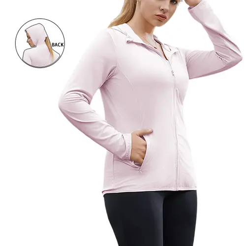 Women's Full-Zip Hooded Athletic Coat - 90% Polyester 10% Spandex Lightweight Sports Active Jacket, 4-Way Stretch, Breathable Long Sleeves, Sun-Safe Hood, for Hiking, Fishing