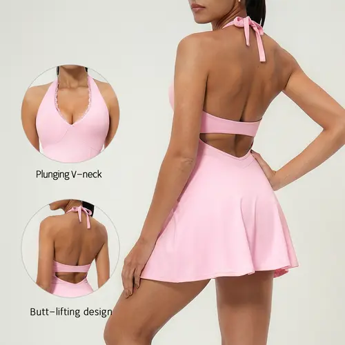 TIMEOFF Women's Fitted Lace V-Neck Charm Active Wear Athletic Dress - Stretchy Breathable Fabric, Gentle Hug Fit, Built-In Shorts with Pocket for Phone, Exposure Prevention, Ideal for Tennis/Golf