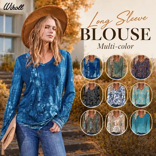 WIHOLL Women's Long Sleeve Polyester Blouse - Indigo Print, V-Neck, Pleated, Curved Hem, Casual Elegance, Fall Winter Tunic Top, Feminine Items for Adults, Tops for Women, Aesthetic Blouses & Shirts (Refer to Size Chart)