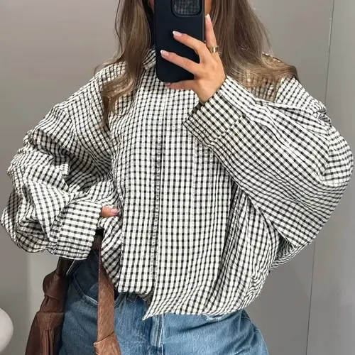 Plaid Oversized Jacket Women's Bomber Jacket Spring Autumn Black & White Check Long Sleeve Top Cropped Stand Collar Zip 2026 New Oversized Fit Side Pockets Daily Wear Street Style Office Casual Top Casual Bomber Jackets