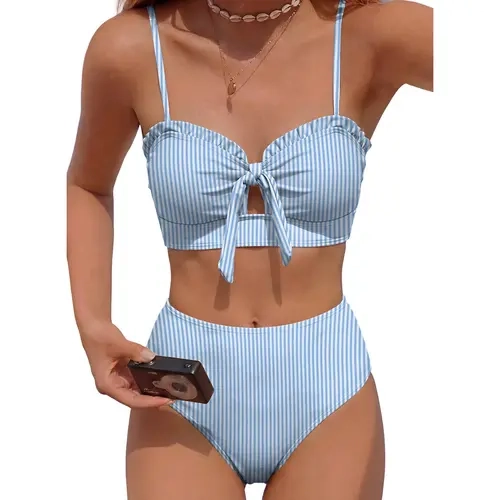 Aleumdr Women's 2-Piece Front Knot Bikini Set - High Waisted, Tummy Control, Cut-Outs, Adjustable Straps - Beach Swimwear for Figure Enhancement
