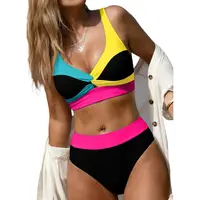 Aleumdr Women's High-Waisted 2-Piece Cut-Out Bikini Set - V-Neck Crop Top, Quick-Dry Soft Stretch Supportive Fabric, for Vacation, Beach Party