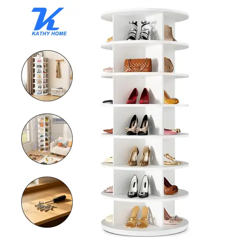 360 Rotating Wooden Shoe Rack - 7-Tier Footwear Organization Solution, 24-28 Pair Round Rolling Storage, Display Shelf for Entryway, Living Room