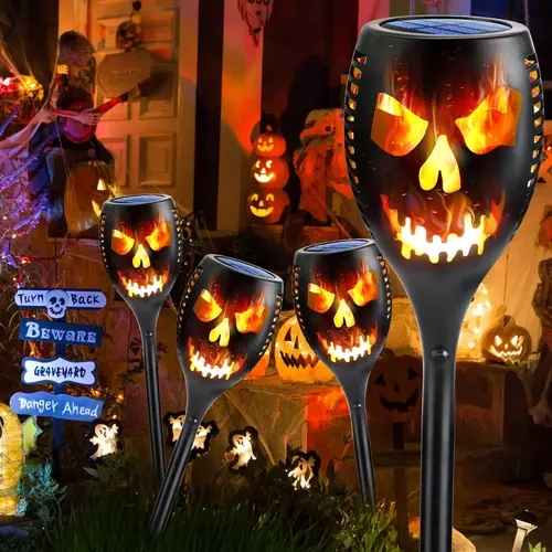 TOODOUR 4-Pack Extra-Large Solar Flickering Flame Torch Lights, Waterproof Outdoor Halloween Decor with Built-In Batteries, Auto On/Off, Easy Installation for Garden Yard Backyard Solar Landscape Lights