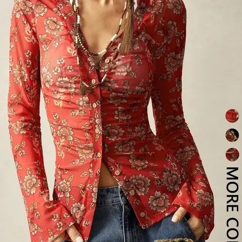 Boho Vintage Print V-Neck Flared Sleeve Blouse For Women, Bohemian Style Vacation, Simple Fashion Casual Everyday Wear