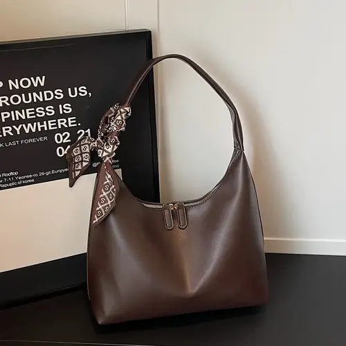 Women's Solid Color Retro PU Minimalist Crescent Shoulder Handbag with Scarf Decoration, Perfect for Shopping, Commuting, Gift Giving, Half Moon Bag, Fashion Crescent Bag, Chic Crossbody Bag, Fashion Bags