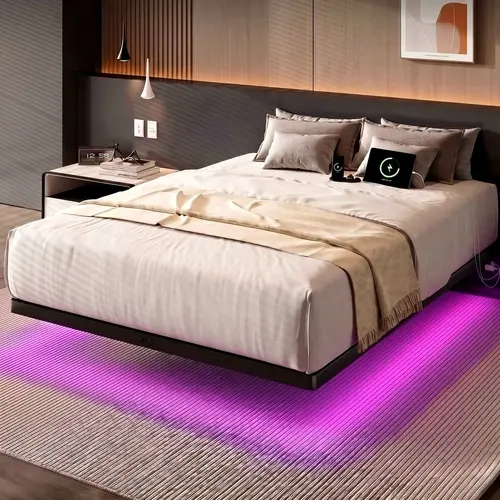 【Black Friday】ONBRILL LED Floating Bed Frame, Queen Bed Frame with Power Outlet, Heavy Duty Metal Platform Bed Frame, Easy Assembly, No Box Spring Needed, Noise-Free, Bedroom Furniture, Stylish Furniture