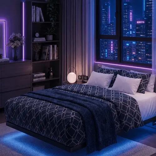 【FallDealsForYou】ONBRILL LED Floating Bed Frame, Queen Size Bed Frame with Power Outlet, Heavy Duty Metal Platform Bed Frame, Easy Assembly, No Box Spring Needed, Noise-Free, Bedroom Furniture, Stylish Furniture