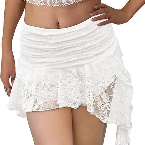 Yousify Women's Y2K Crop Lace Mini Skirt - Low Rise, Pleated, Ruffled, Layered, Flowy, Asymmetrical, Soft, Breathable, Stretchy, Comfortable, Elastic Fairy Half Slip - Casual Beach Trending Clothes, Birthday Ideas Womenswear Bottoms