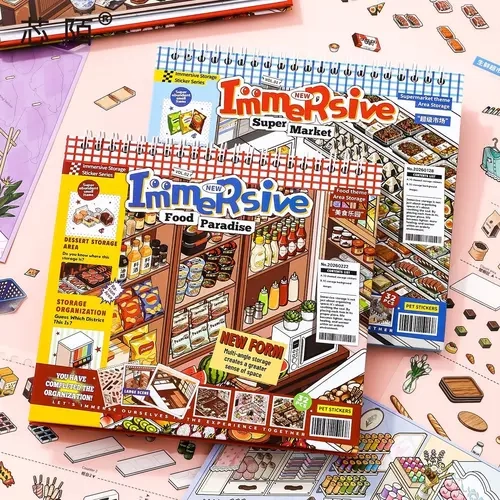 SIMNO Immersive Paper Sticker Book - Food Paradise Supermarket Miniature Scene Decor, Collage Book, DIY Scenestickers, Family Craft Time Activity Gift, Collage Book Stickers
