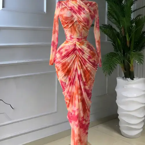 PULKRITU Elegant Women's Tie Dye Printed Two Piece Set Outfits, Wrap Crop Top + Ruched Maxi Skirt , Casual Beach Resort Birthday,  Vacation Street Lady Two-Piece Set,Female Fashion 2 Piece Co-ord Set