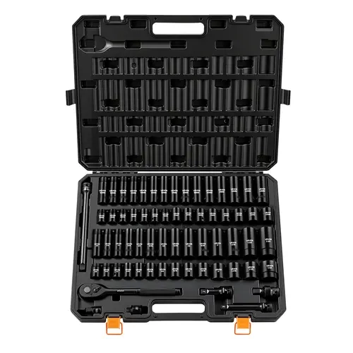 VEVOR 65-Piece 1/2" Drive Impact Socket Set, Heavy Duty Hardware, 6-Point SAE 3/8"-1-1/4" & Metric 10-24mm Sockets, Cr-V Alloy Steel Mechanic Tools, Tools for Mechanics, Easy Identification, Sturdy Storage Case for Vehicle Repair